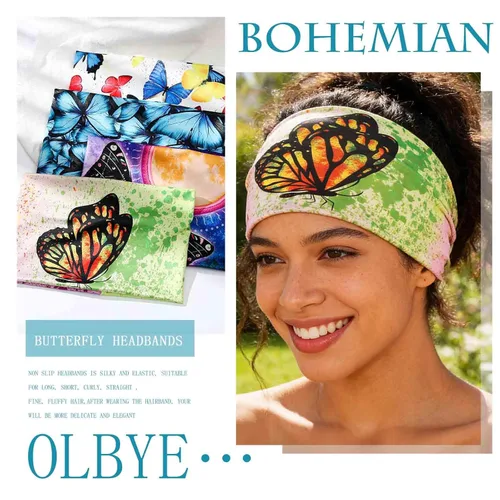 Vista 6 de Olbye Diademas anchas bohemias para la cabeza, bandas elásticas con botón de mariposa, bandana, yoga, correr, atlético, turbante, bandas