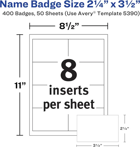 Vista 4 de Avery Insertos personalizables para insignias de nombre, 2.25 x 3.5 pulgadas, blanco, 400 etiquetas de nombre imprimibles (5390) (paquete de 5)