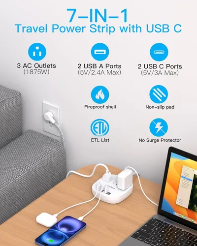 Vista 2 de Cruise Essentials 2025, regleta de viaje One Beat con 3 tomas, 4 puertos USB 3.1A, cables de extensión de enchufe plano de 3 pies, estación de carga