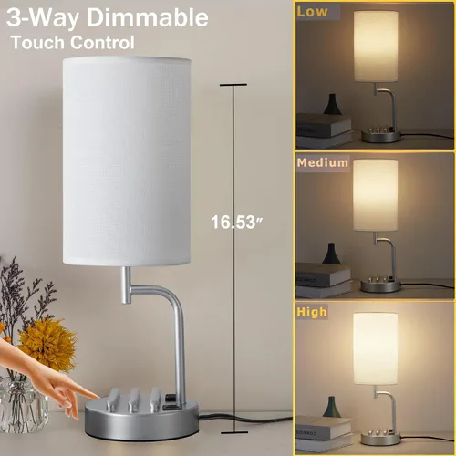 Vista 2 de Dreamholder - Lámpara de mesa con control táctil USB, lámpara de noche mejorada de 3 vías regulables con puertos de carga USB C y A y tomacorriente