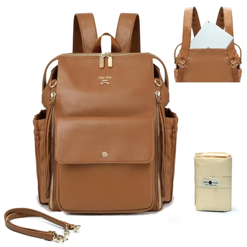Vista 8 de Miss Fong Mochila de cuero para pañales - Bolsa de pañales para bebé con 13 bolsillos, cambiador, correas para cochecito, 4 bolsillos aislados Negro