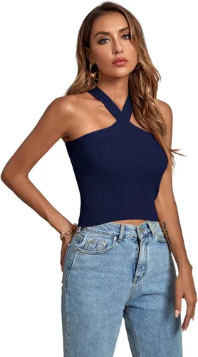 Vista 5 de Umenlele Camiseta corta sin mangas con cuello halter cruzado para mujer