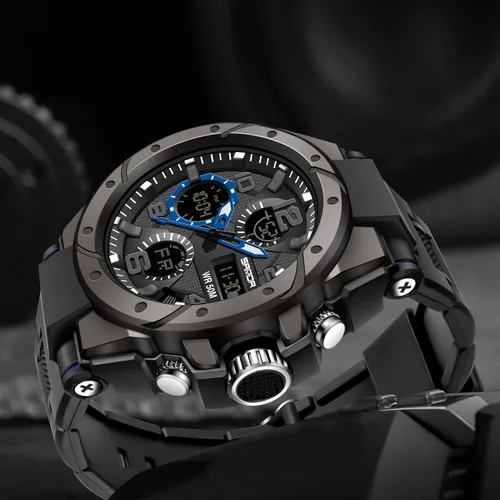 Vista 3 de Relojes deportivos para hombre, impermeables, con fecha, analógico, pantalla doble, multifunción, táctica, LED, alarma, cronómetro