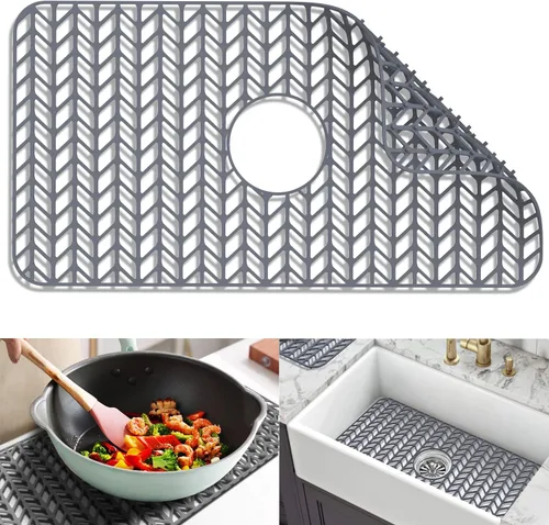 Vista 8 de Protectores de fregadero de cocina de 12 x 11 y 13 x 11 pulgadas, protectores de silicona para fregadero de cocina para la parte inferior del Gris