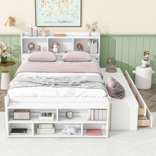 Vista 3 de HomSof Cama matrimonial con cabecero de estantería, cajones de almacenamiento debajo de la cama y estuche de almacenamiento en el extremo