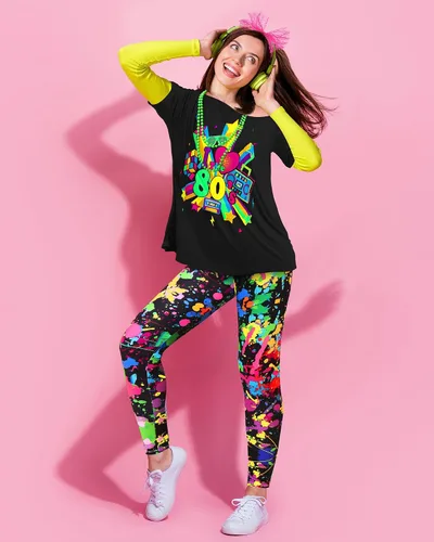 Vista 5 de 16 piezas de disfraces de los años 80, accesorios para mujer, camiseta, leggings, pantalones, guantes, aretes, collar, pulseras, conjuntos de bandas