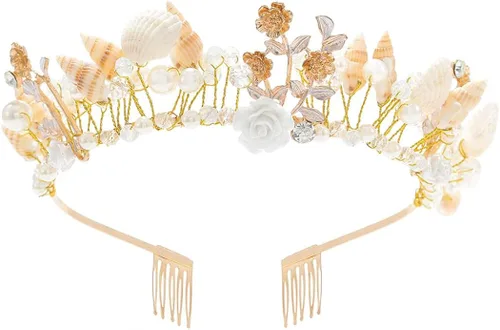 Vista 5 de Campsis Corona dorada para niñas, corona de concha, pieza de pelo de princesa, cumpleaños, cosplay, accesorios para el cabello para mujeres y niñas
