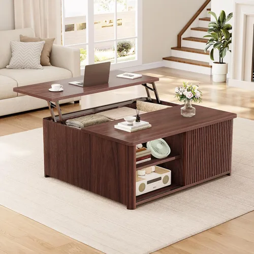 Vista 9 de SEDETA Mesa de centro elevable de 31.5 pulgadas con almacenamiento, mesas de centro cuadradas para sala de estar, mesa de centro acanalada con gran