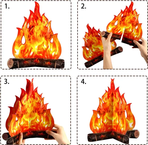 Vista 3 de Boao 2 juegos de fuego falso, llama falsa, decoración de campamento, pieza central de fogata de cartón 3D, llamas artificiales, decoración de fiesta