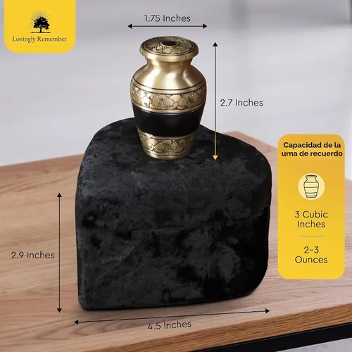 Vista 4 de Mini urnas para cenizas humanas de recuerdo – Caja de latón dorado y terciopelo de chenilla con forma de corazón