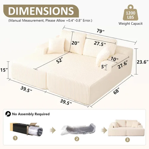 Vista 2 de WHGBJA Sofá cama 3 en 1 para sala de estar/dormitorio, convertible, modular Tumbona sin huesos de 79 pulgadas, sofá biplaza de gran tamaño, sofá
