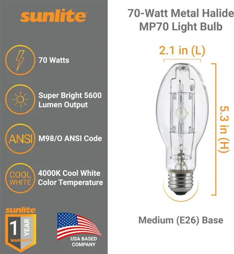 Vista 7 de Sunlite MP70/U/MED/PS 03641-SU - Bombilla de halogenuros metálicos protegidos de 70 W, base media, transparente