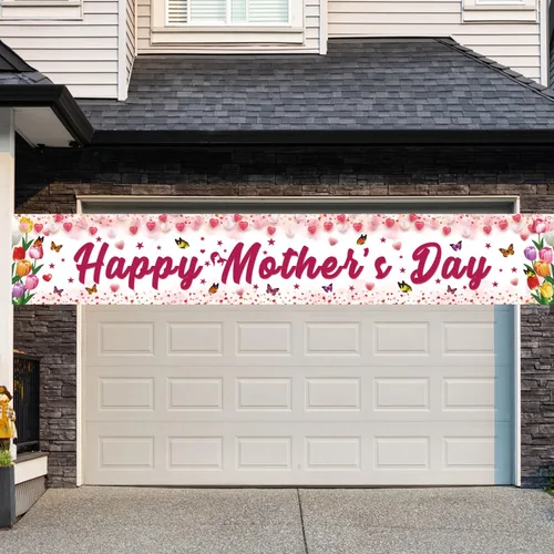 Vista 6 de Decoraciones para el día de la madre, pancarta de feliz día de la madre, tamaño grande, diseño floral rosa con mariposas, decoración para el día