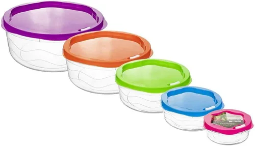 Vista 2 de Recipientes redondos de almacenamiento de alimentos con tapas coloridas a presión, juego de 5 recipientes de cocina de plástico