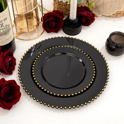 Vista 9 de supernal 100 piezas Platos de plástico negros y dorados, platos desechables negros, suministros de fiesta de Halloween que incluyen 50 platos