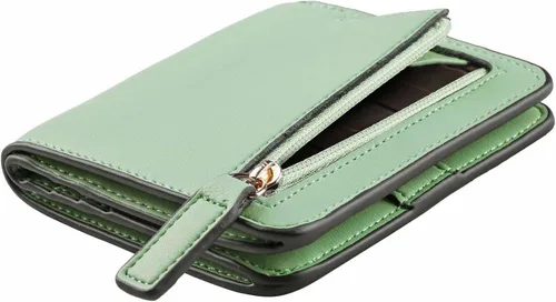 Vista 14 de Toughergun Cartera pequeña de cuero delgada para mujer con protección RFID, mini monedero bifold compacto con ventana de identificación transparente