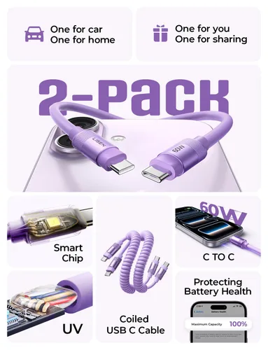 Vista 2 de LISEN Cable USB C en espiral, paquete de 2 cables cortos de 60 W C a C de Púrpura