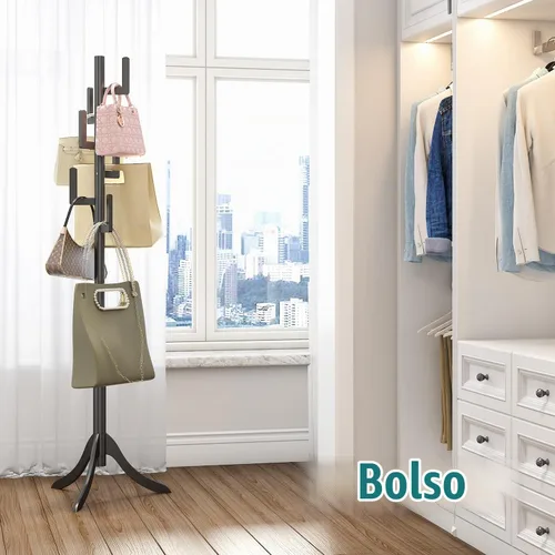 Vista 6 de Perchero negro independiente, árbol de bambú de cactus, soporte de madera de altura ajustable con 6 ganchos, perchero para niños, utilizado
