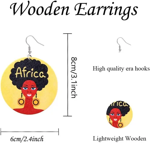 Vista 5 de BOMAIL - 20 pares de aretes de madera africana para mujer, redondos, pintados, con estilo étnico