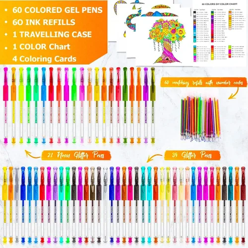 Vista 2 de Soucolor Bolígrafos de gel con purpurina para libros de colorear para adultos, suministros escolares de clase de arte, paquete de 120 unidades, 60