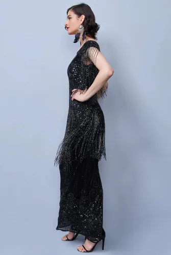 Vista 2 de Vestido largo de boda con flecos de Ethel negro, vestido de graduación de los años 20, gran Gatsby, damas de honor, Charleston, Speakeasy lazo negro