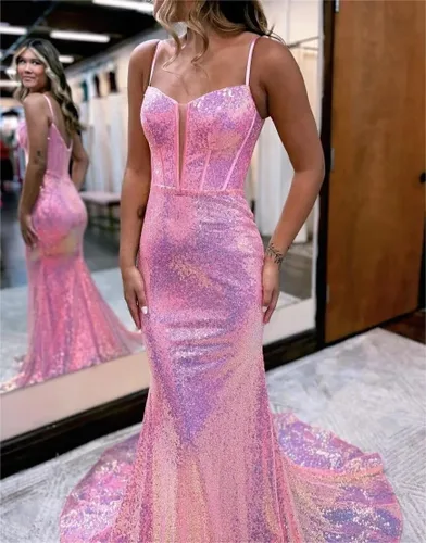 Vista 4 de TIRAS Vestidos de fiesta de lentejuelas para mujer, vestido formal largo con purpurina de sirena, vestido formal con espalda abierta, vestidos