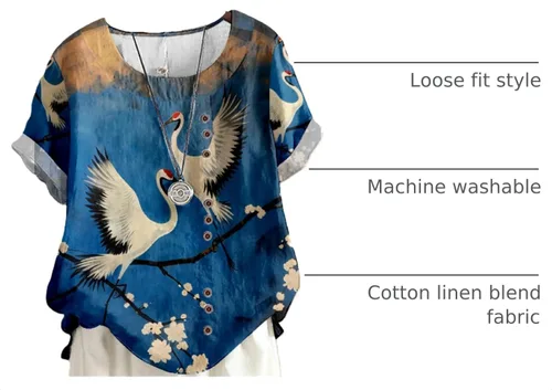 Vista 4 de domirica Flower Bird Printed Loose Boho Shirts Women Plus Size Summer Crew Neck Short Sleeve Blouses Bluecrane