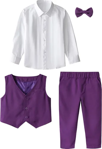 Vista 4 de A&J DESIGN Conjunto de traje de caballero para niños pequeños, 3 piezas, camisas, chaleco y pantalones