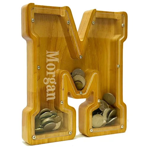 Vista 2 de Alcancía Personalizada de Madera con Alfabeto -Alcancía de Niños -Alcancía para Niños y Niñas -Alcancía de Monedas -Banco -Puede Usarse como Regalo