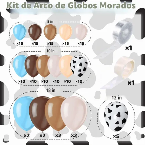 Vista 2 de Kit de arco de guirnalda de globos de vaca de 150 piezas, diseño de vaquera, azul, blanco, marrón, estampado de vaca, globos de animales de granja
