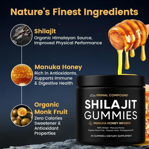 Vista 2 de Gomitas de Shilajit de compuesto primario para hombres, con miel de manuka, fruta de monje orgánica y ácido fúlvico, suplementos de gomitas
