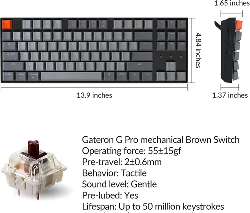 Vista 6 de Keychron K8 TKL Teclado mecánico para juegos inalámbricocon cable, 87 teclas, teclado compacto retroiluminado RGB iluminado, Gateron G Pro Brown