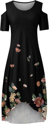 Vista 3 de Vestido de gran tamaño con hombros descubiertos para mujer, cuello redondo, manga corta, casual, con vuelo, estampado floral, vestido de cuello