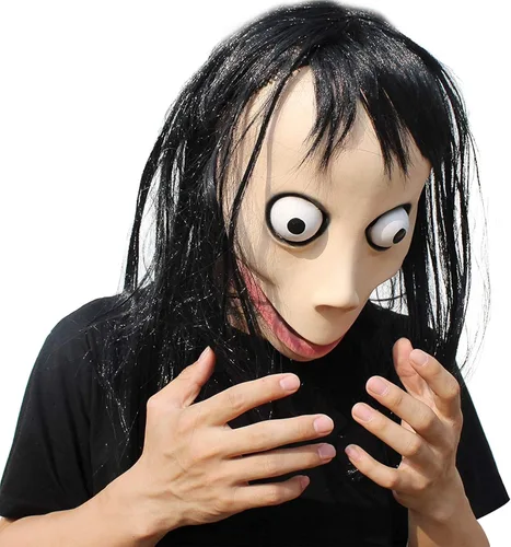 Vista 6 de PartyHop Máscara aterradora Momo espeluznante de látex para Halloween para niños y adultos, multicolor