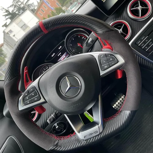 Vista 6 de Cubierta de volante de fibra de carbono mate negro y cuero de ante con costura manual, ajuste envolvente para Mercedes Benz W205/C43 GLA45 GLC43