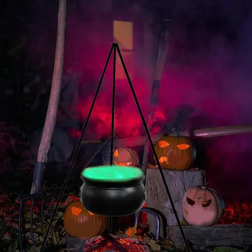 Vista 5 de Decoraciones de Halloween para exteriores, caldero de bruja con luz, soporte de trípode, decoración de cuenco de plástico negro, decoración de cubo