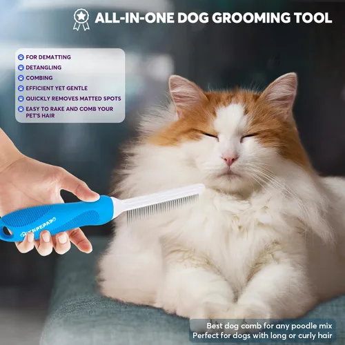 Vista 5 de GENPEPADO Peine de aseo para perros y gatos con dientes finos de metal de acero inoxidable largos y cortos para desenredar el cabello enmarañado