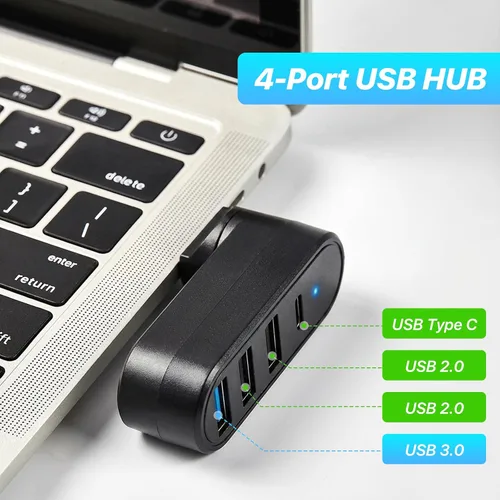 Vista 2 de Hub USB 3.0 de 4 puertos [90°/180° grados giratorios], divisor USB con 1 USB C, 1 USB 3.0, 2 USB 2.0, extensor USB portátil para laptop, MacBook