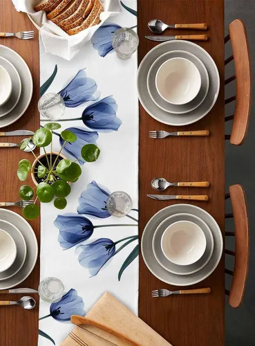 Vista 2 de Camino de mesa floral de tulipán azul, algodón y lino, pequeñas bufandas de 36 pulgadas, diseño rústico de flores para cocina, café, mesa