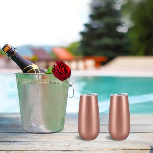 Vista 3 de Paquete de 2 vasos de champán sin tallo, vaso de flauta aislado de 6 onzas, vasos irrompibles de doble aislamiento para amigos, cumpleaños, Navidad
