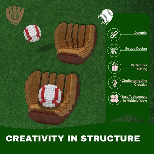 Vista 3 de Juego de bloques de construcción 3D de béisbol, pelota y guantes, juguete educativo, perfecto para edades de 14, 15, 16 años en adelante