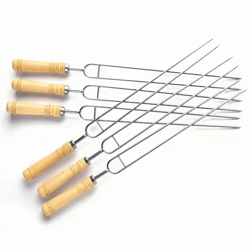Vista 5 de IMEEA Brochetas dobles para asar brochetas gruesas de acero inoxidable con mango de madera, 16.5 pulgadas