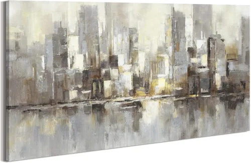 Vista 7 de Lienzo decorativo para pared de ciudad: paisaje abstracto de horizonte moderno, pintura de paisaje urbano contemporáneo, horizontal, vista urbana