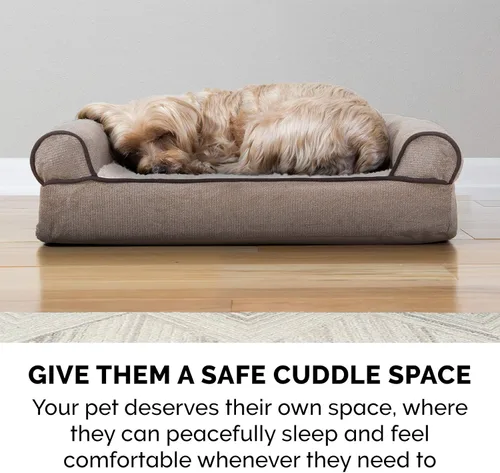 Vista 10 de Furhaven Cama para perro, de espuma viscoelástica, estilo sofá, Sherpa y chenilla, crema, M