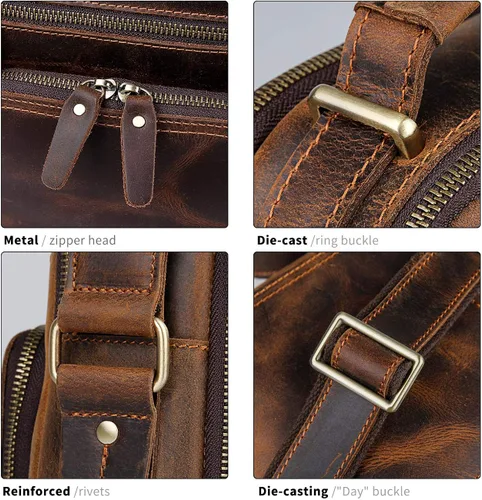 Vista 4 de YOGCI Bandolera de cuero para hombres Vintage Crossbody Bolso de hombro Fit Celular Monederos Billetera iPad con cremalleras YKK Marrón Oscuro