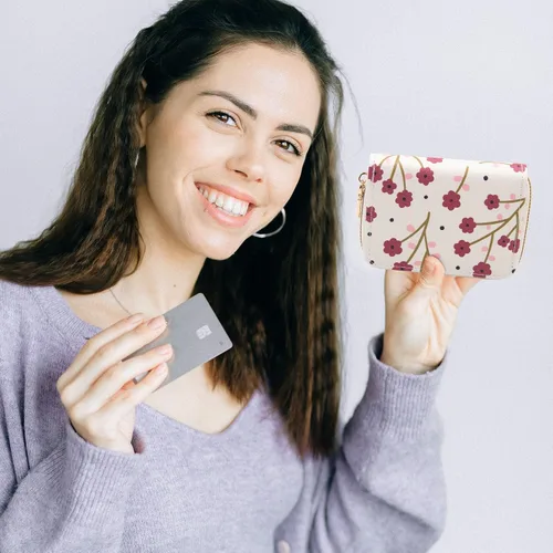 Vista 5 de LJCZKA Tarjetero de crédito para mujeres y niñas, con diseño de flores cortas, con cremallera y llavero, organizador de monedero pequeño, Ciruela