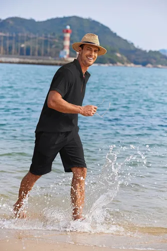 Vista 2 de COOFANDY Conjunto de 2 piezas de lino para hombre, camisas Henley casuales de manga corta, pantalones cortos de yoga para la playa, pantalones