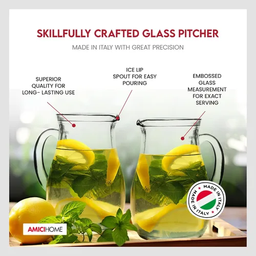 Vista 6 de Amici Home Roxy Glass Serving Pitcher with Handle & Spout - 34 Oz Clear Drinkware Jug for Water, Juice, Milk, Tea, or Cocktails - Italian Made