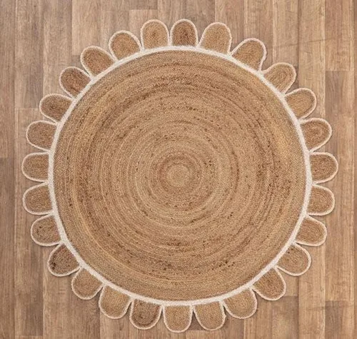 Vista 7 de Alfombra redonda de yute festoneada con borde blanco para sala de estar, cocina, oficina, exterior (2 x 2 pies/23.6 x 23.6 in, festoneada redonda)