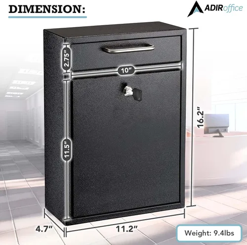 Vista 5 de AdirOffice contenedor con traba - Buzón de correo montado en pared., negro, 631-04-BLK